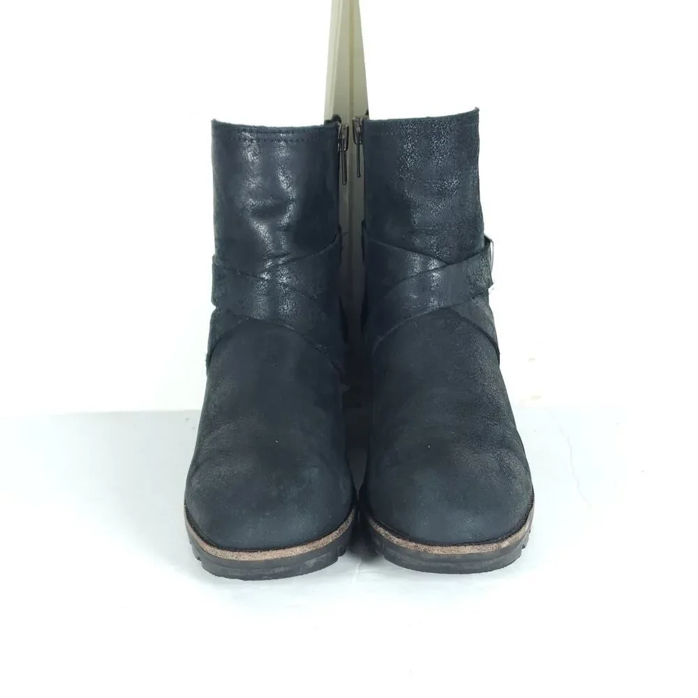 Sorel Women’s Cate US7 Black Leather Waterproof Side Zip Strappy Ankle Boots
